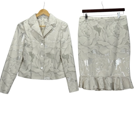 Anna Molinari Italy Floral Jacquard Blazer Skirt Suit Set Metallic Silver 10 - Picture 15 of 15